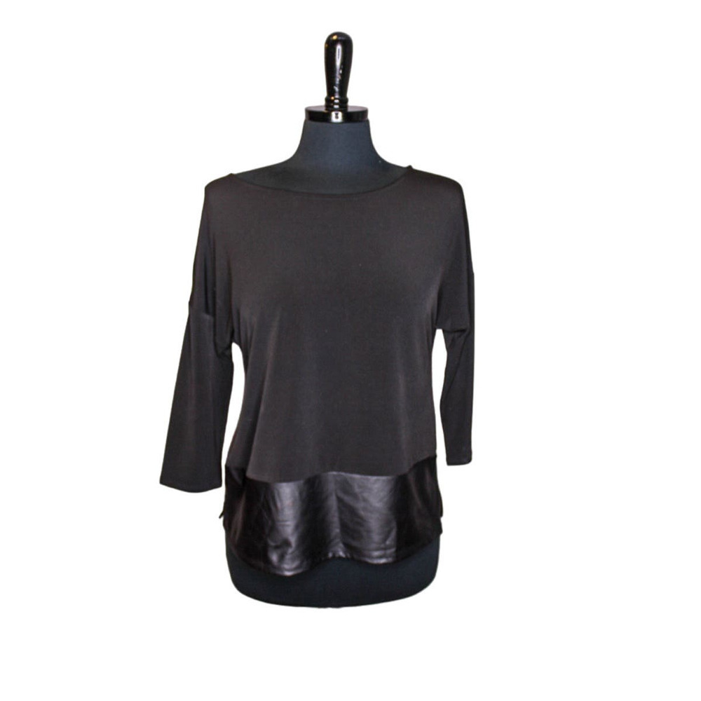 Chico's Top Black Faux Leather Trim 3/4 Length Sleeves Size S Chicos 0